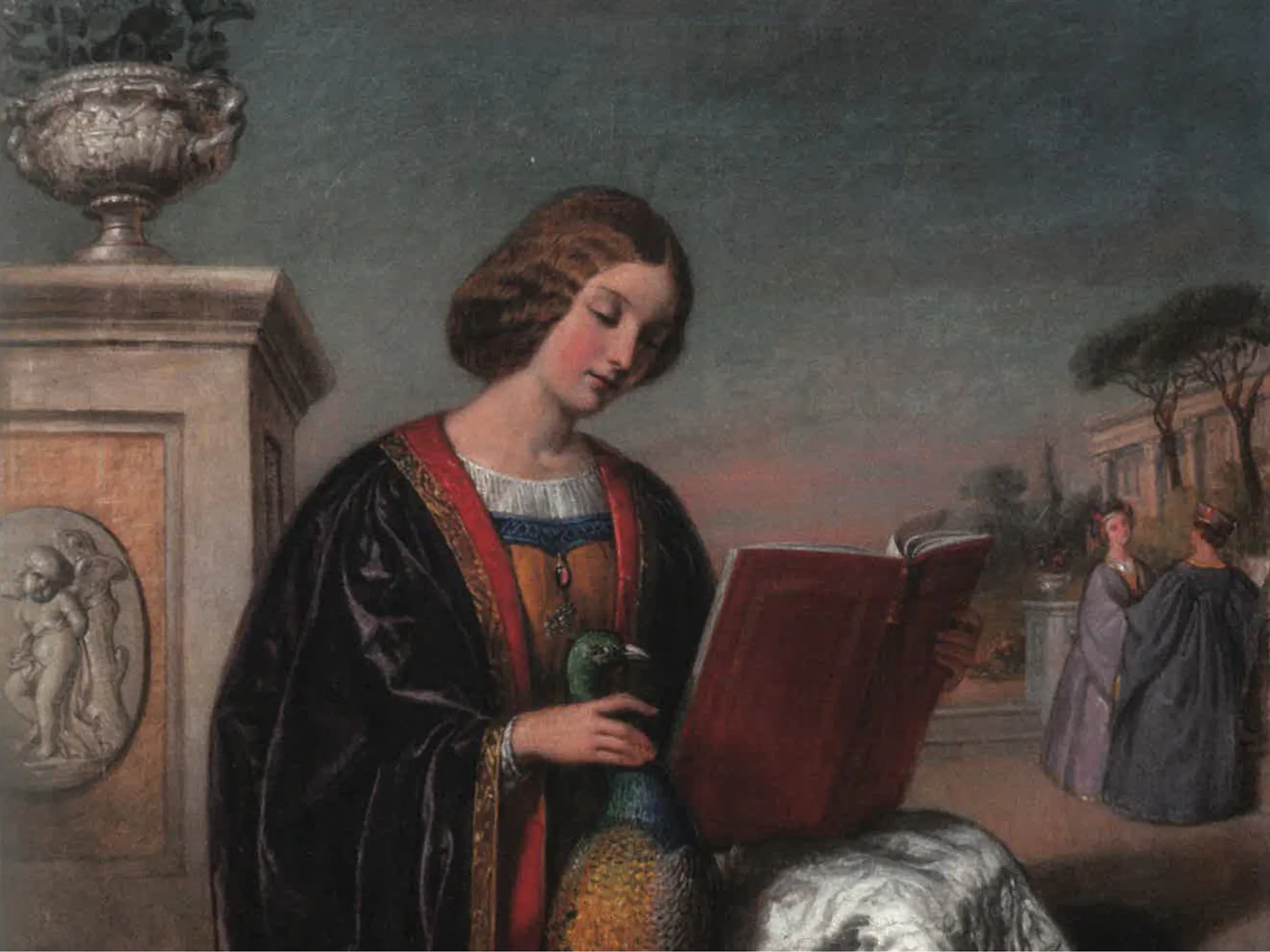 Slika ženske, ki bere knjigo s pavom v naročju